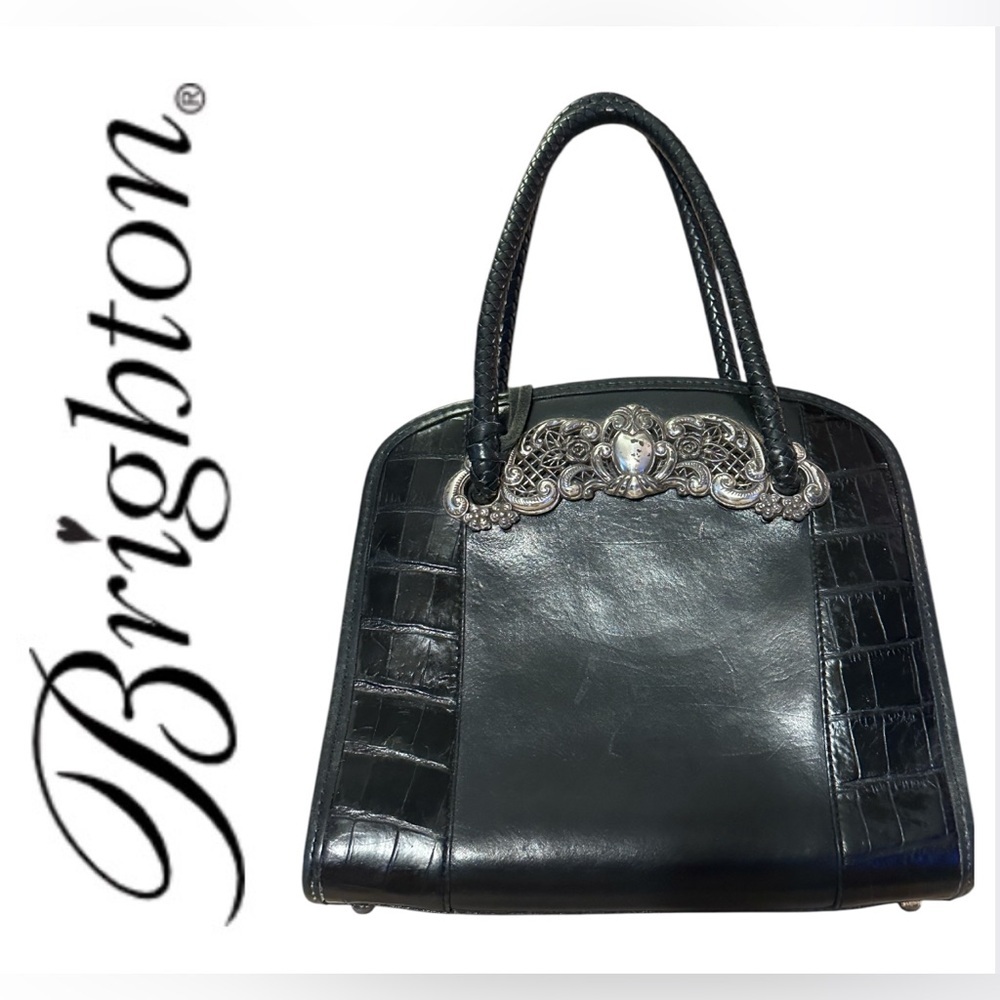 Brighton Black Leather Handbag with Silver Plated Accents EUC